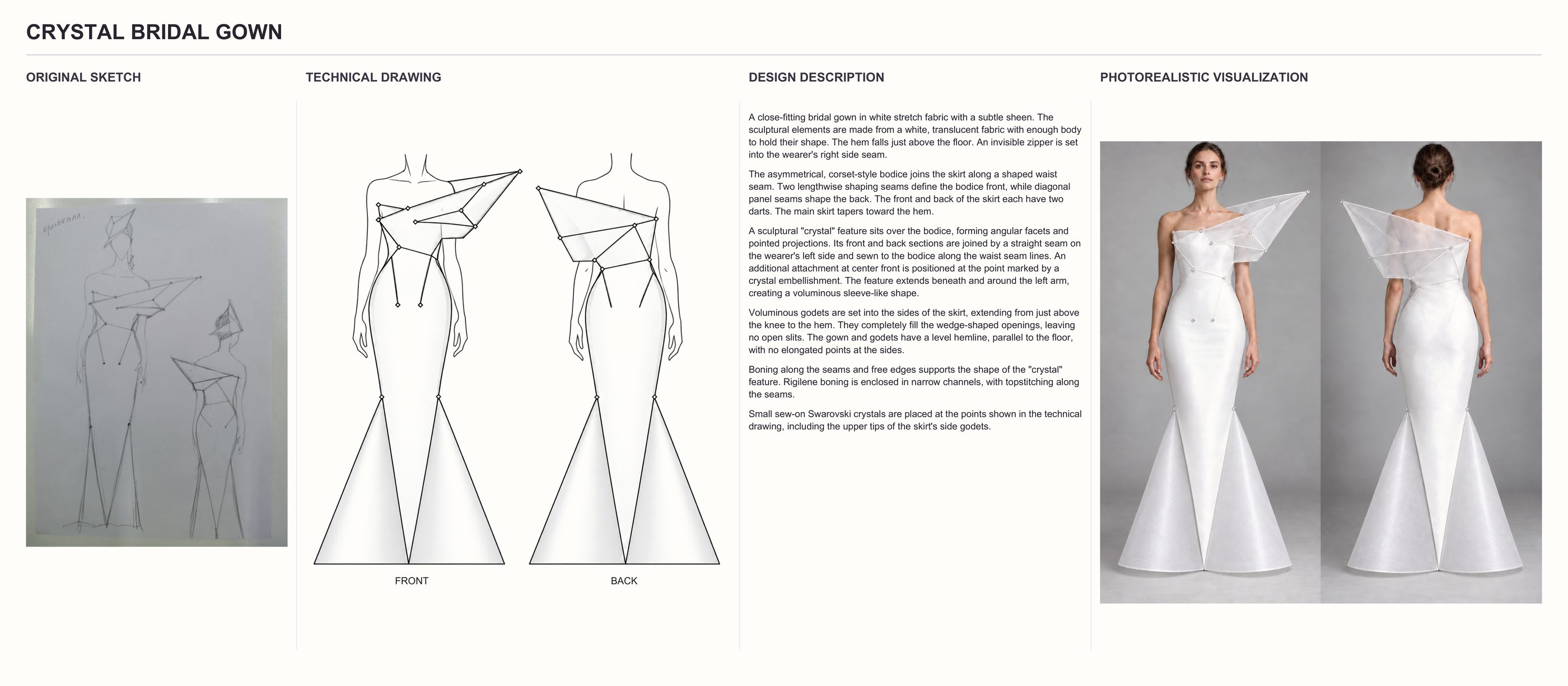Sketch to Development Brief example, Crystal Bridal Gown: original sketch, technical drawing, design description and photorealistic visualization